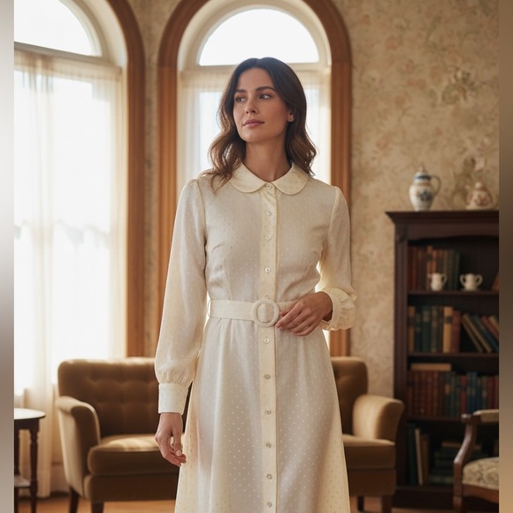 Vintage Delani II Sakowitz Ivory Polka Dot Prairie Dress with Belt - Picture 2 of 9